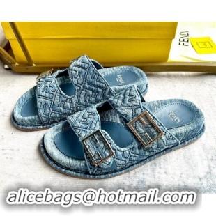 Top Design Fendi Feel Flat Slides Sandal in FF Denim with Baguette Buckle Light Blue 813139