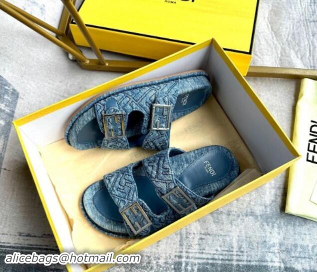 Top Design Fendi Feel Flat Slides Sandal in FF Denim with Baguette Buckle Light Blue 813139