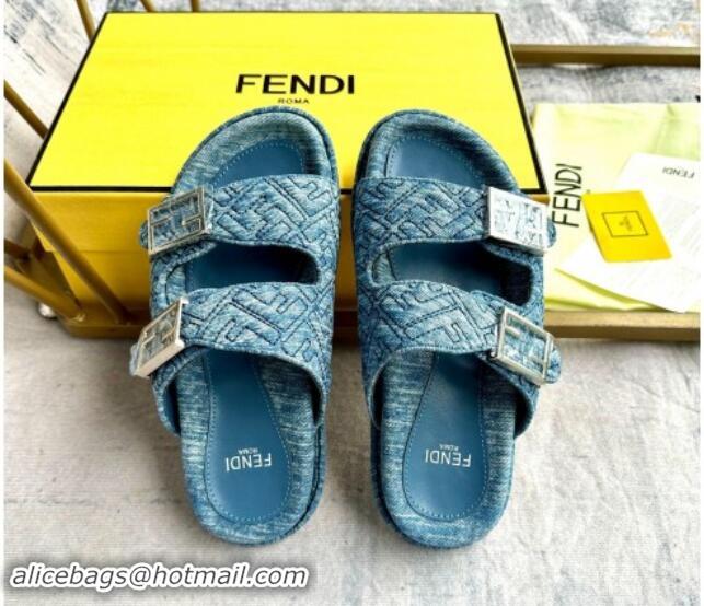 Top Design Fendi Feel Flat Slides Sandal in FF Denim with Baguette Buckle Light Blue 813139