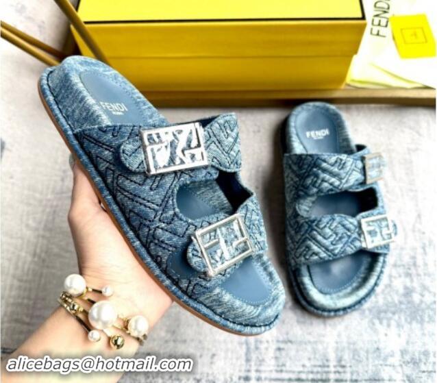 Top Design Fendi Feel Flat Slides Sandal in FF Denim with Baguette Buckle Light Blue 813139