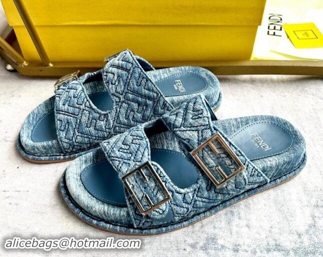 Top Design Fendi Feel Flat Slides Sandal in FF Denim with Baguette Buckle Light Blue 813139