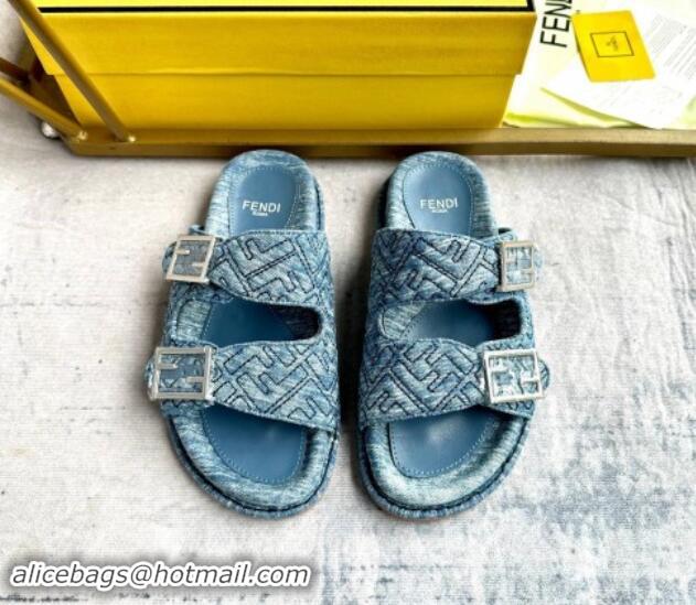 Top Design Fendi Feel Flat Slides Sandal in FF Denim with Baguette Buckle Light Blue 813139