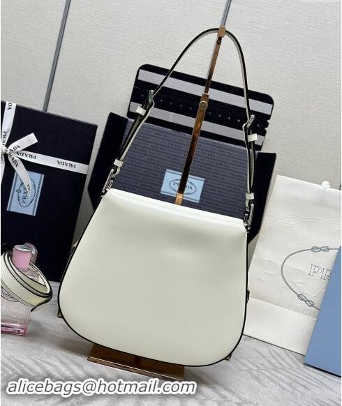 New Design Prada Cleo Brushed Leather Shoulder Bag 1BD303 White/Black 2024