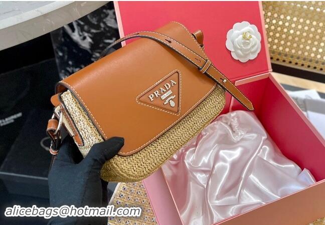 Top Grade Prada Straw and Leather Flap bag 0513 Brown 2024