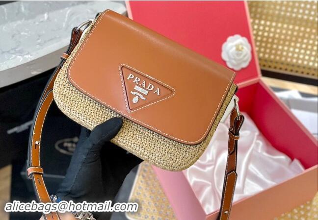 Top Grade Prada Straw and Leather Flap bag 0513 Brown 2024