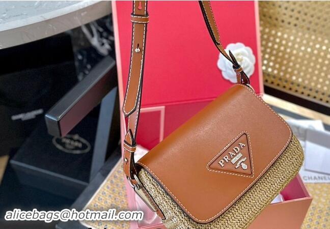 Top Grade Prada Straw and Leather Flap bag 0513 Brown 2024