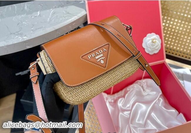 Top Grade Prada Straw and Leather Flap bag 0513 Brown 2024