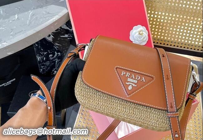 Top Grade Prada Straw and Leather Flap bag 0513 Brown 2024