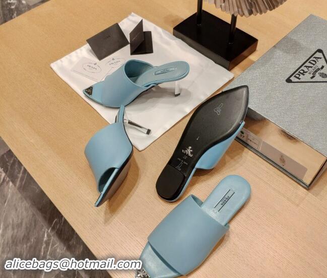 Best Grade Prada Heel Slides Sandals 8.5cm in Calf Leather Pale Blue 081051