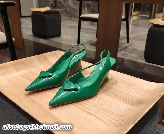 Top Design Prada Brush Leather Wedge Slingback Pumps 6.5cm Green 081055