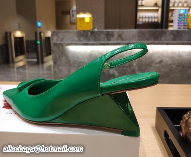 Top Design Prada Brush Leather Wedge Slingback Pumps 6.5cm Green 081055