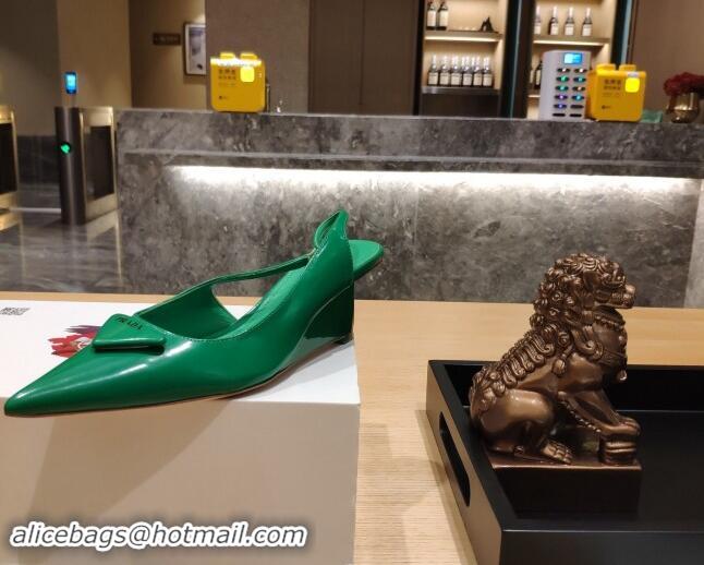 Top Design Prada Brush Leather Wedge Slingback Pumps 6.5cm Green 081055