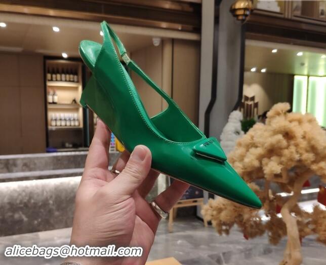 Top Design Prada Brush Leather Wedge Slingback Pumps 6.5cm Green 081055