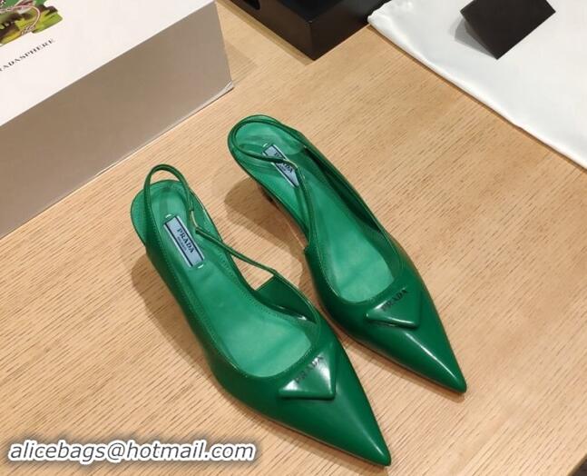 Top Design Prada Brush Leather Wedge Slingback Pumps 6.5cm Green 081055