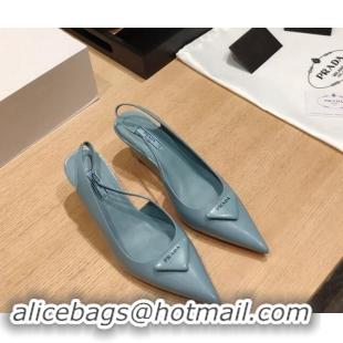 Good Quality Prada Brush Leather Wedge Slingback Pumps 6.5cm Light Blue 081057