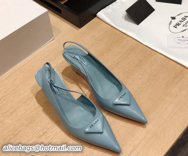 Good Quality Prada Brush Leather Wedge Slingback Pumps 6.5cm Light Blue 081057