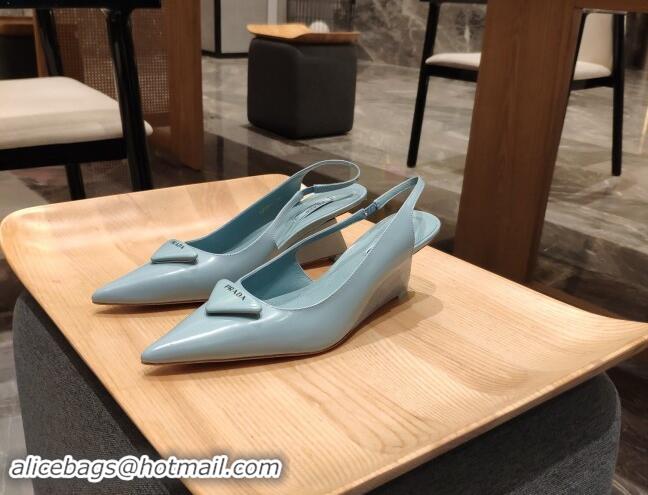 Good Quality Prada Brush Leather Wedge Slingback Pumps 6.5cm Light Blue 081057