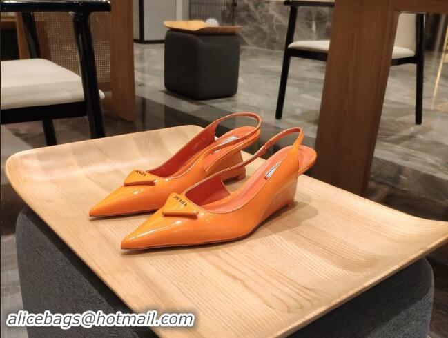 Good Quality Prada Brush Leather Wedge Slingback Pumps 6.5cm Orange 081058