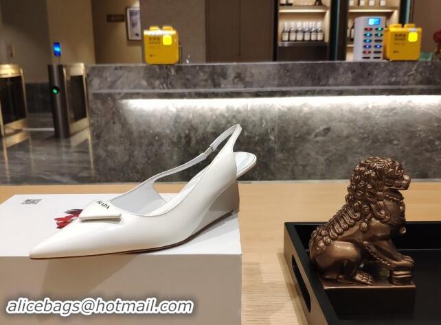 Popular Style Prada Brush Leather Wedge Slingback Pumps 6.5cm White 081060