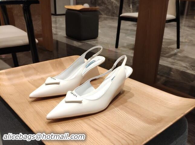 Popular Style Prada Brush Leather Wedge Slingback Pumps 6.5cm White 081060