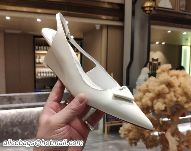 Popular Style Prada Brush Leather Wedge Slingback Pumps 6.5cm White 081060