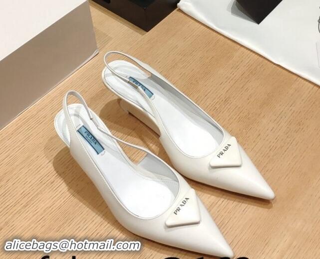 Popular Style Prada Brush Leather Wedge Slingback Pumps 6.5cm White 081060