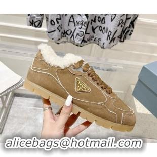 Top Design Prada Faded suede sneakers with Wool Lining Camel Brown 081067