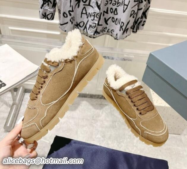 Top Design Prada Faded suede sneakers with Wool Lining Camel Brown 081067