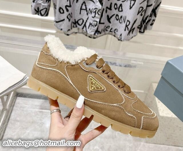 Top Design Prada Faded suede sneakers with Wool Lining Camel Brown 081067