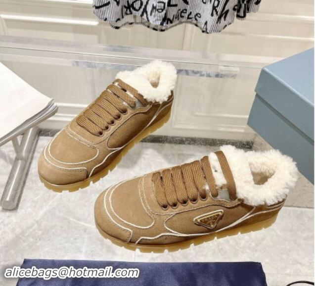 Top Design Prada Faded suede sneakers with Wool Lining Camel Brown 081067