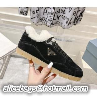 Best Price Prada Faded suede sneakers with Wool Lining Black 081068