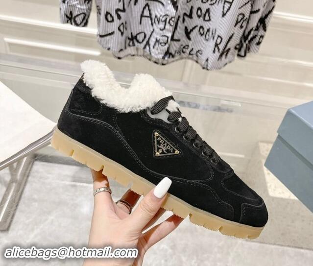 Best Price Prada Faded suede sneakers with Wool Lining Black 081068