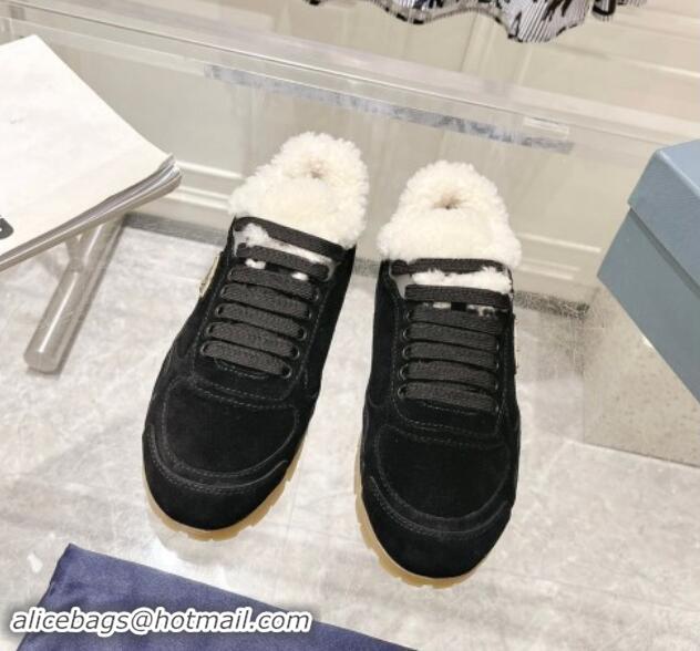 Best Price Prada Faded suede sneakers with Wool Lining Black 081068