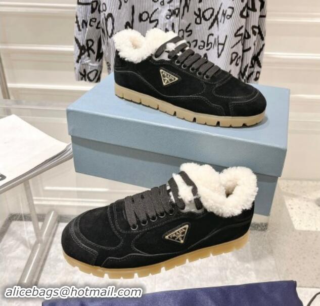 Best Price Prada Faded suede sneakers with Wool Lining Black 081068