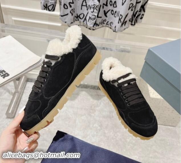 Best Price Prada Faded suede sneakers with Wool Lining Black 081068