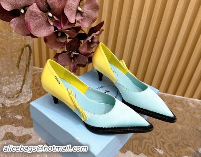 Top Grade Prada Patchwork Satin Pumps 5cm with Bow Green/Yellow 812002