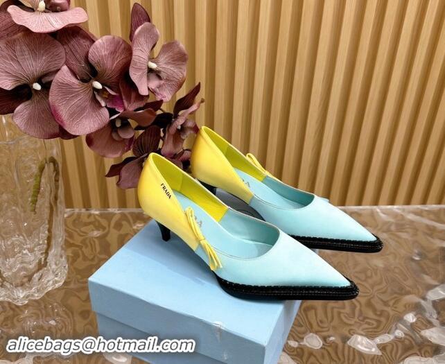 Top Grade Prada Patchwork Satin Pumps 5cm with Bow Green/Yellow 812002