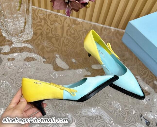 Top Grade Prada Patchwork Satin Pumps 5cm with Bow Green/Yellow 812002