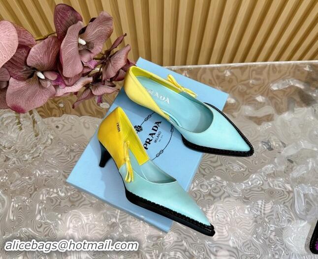 Top Grade Prada Patchwork Satin Pumps 5cm with Bow Green/Yellow 812002