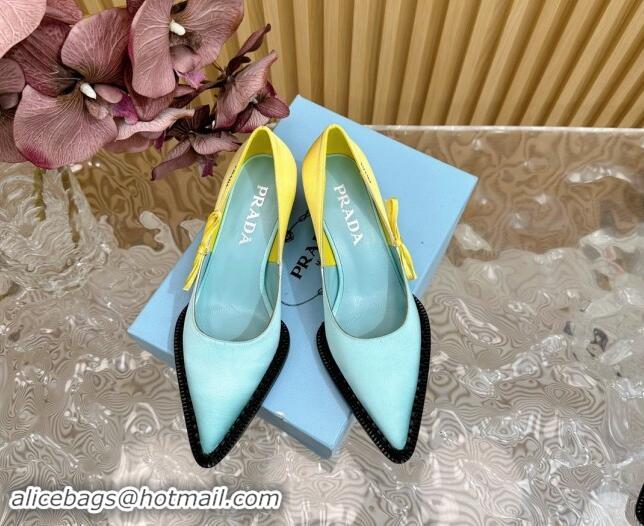 Top Grade Prada Patchwork Satin Pumps 5cm with Bow Green/Yellow 812002