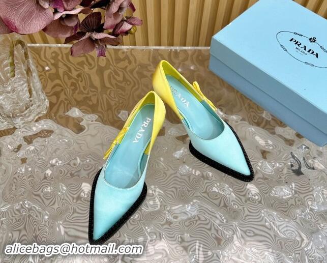 Top Grade Prada Patchwork Satin Pumps 5cm with Bow Green/Yellow 812002