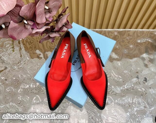 Good Looking Prada Patchwork Satin Pumps 5cm with Bow Red/Brown 812003