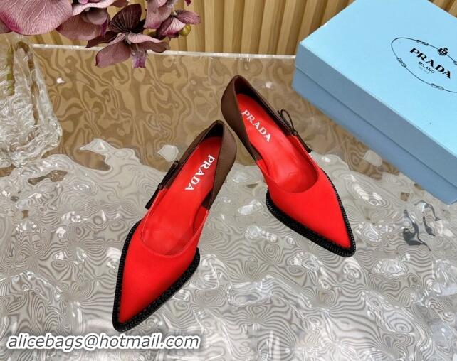 Good Looking Prada Patchwork Satin Pumps 5cm with Bow Red/Brown 812003