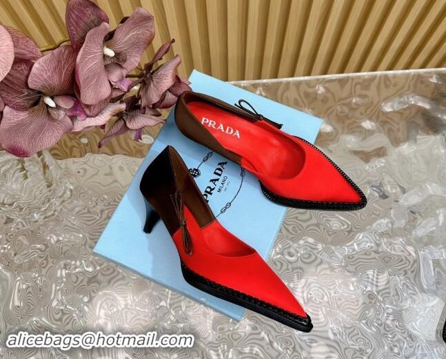 Good Looking Prada Patchwork Satin Pumps 5cm with Bow Red/Brown 812003