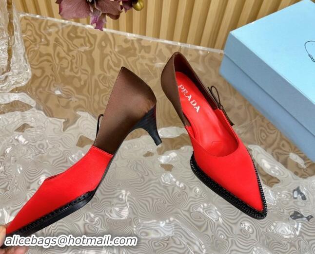 Good Looking Prada Patchwork Satin Pumps 5cm with Bow Red/Brown 812003