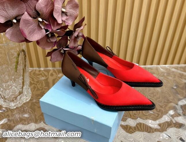 Good Looking Prada Patchwork Satin Pumps 5cm with Bow Red/Brown 812003