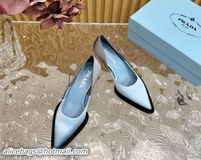 Feminine Prada Patchwork Satin Pumps 5cm with Bow Blue/Grey 812004