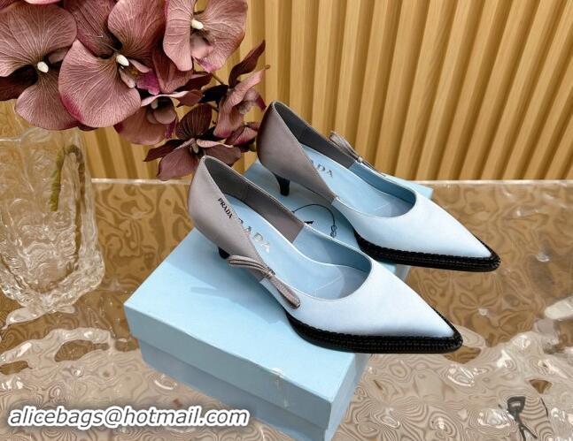 Feminine Prada Patchwork Satin Pumps 5cm with Bow Blue/Grey 812004