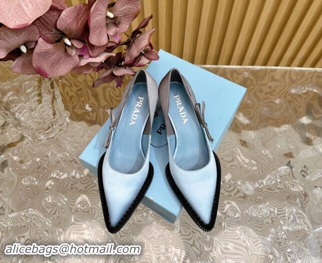 Feminine Prada Patchwork Satin Pumps 5cm with Bow Blue/Grey 812004