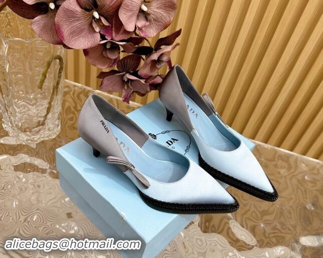 Feminine Prada Patchwork Satin Pumps 5cm with Bow Blue/Grey 812004